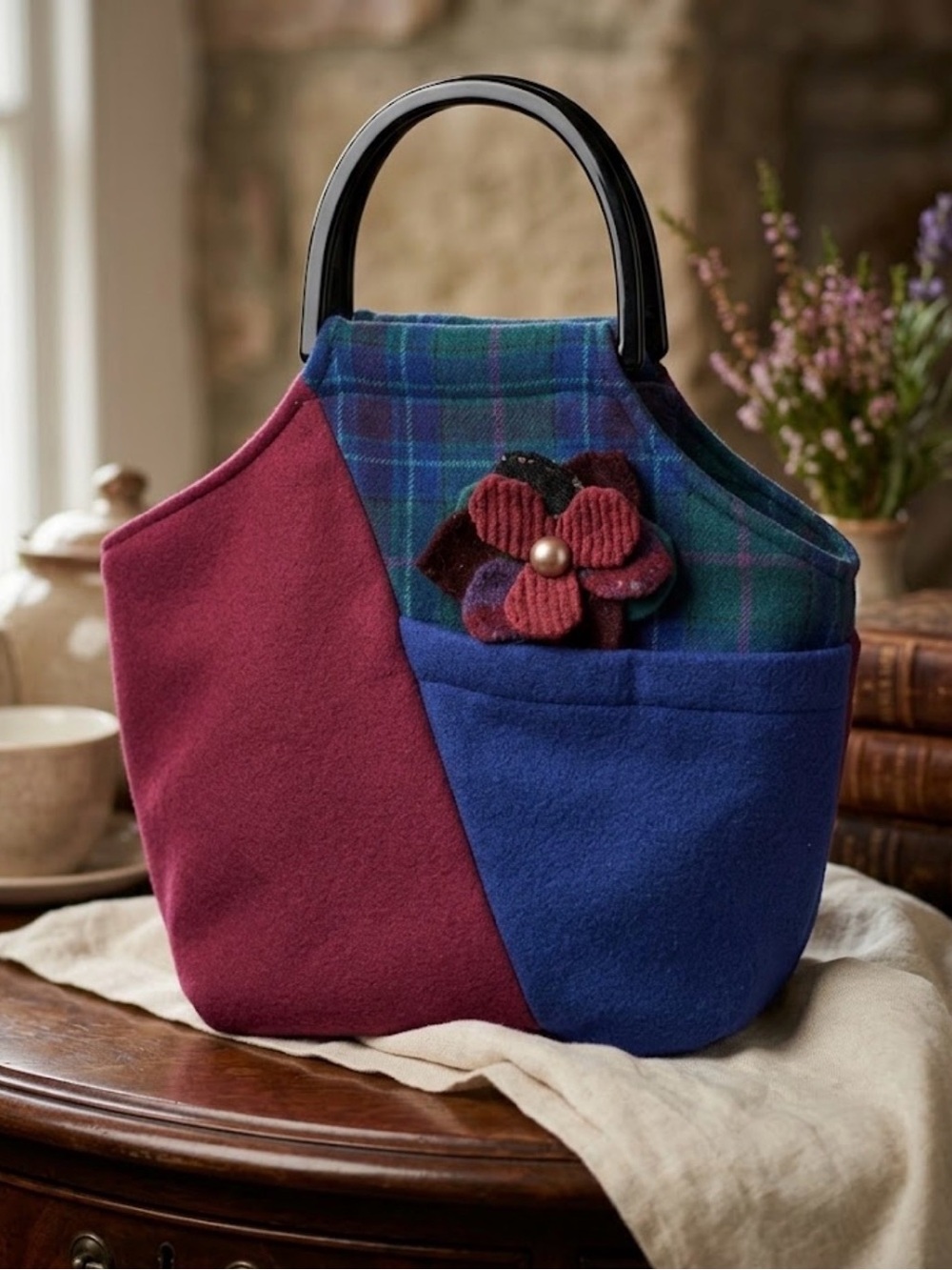 Patchwork Wool Tote with Floral Accent - Blue & Burgundy